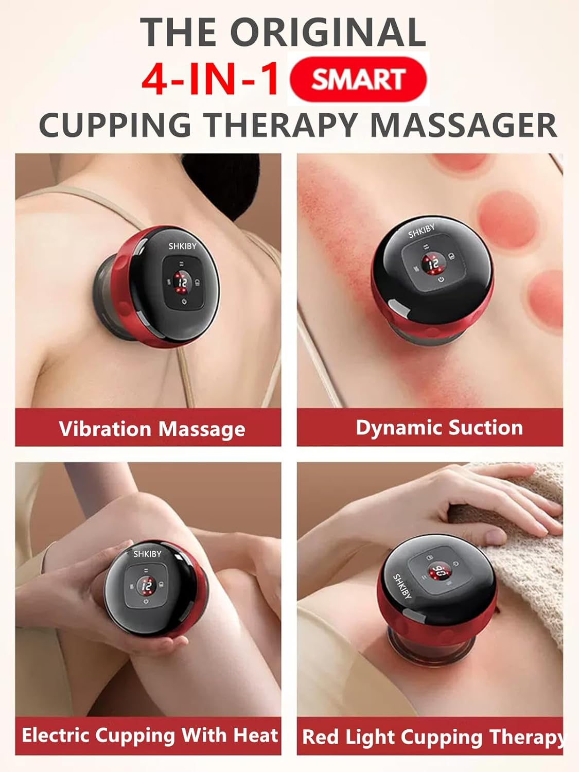 Smart Dynamic Cupping Therapy Set,Cellulite Massager 4 in 1 Vacuum Therapy Machine Cellulite Remover,Gua Sha Massage Tool With12 Level Temperature and Suction, 12 Level-Red