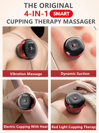 Smart Dynamic Cupping Therapy Set,Cellulite Massager 4 in 1 Vacuum Therapy Machine Cellulite Remover,Gua Sha Massage Tool With12 Level Temperature and Suction, 12 Level-Red