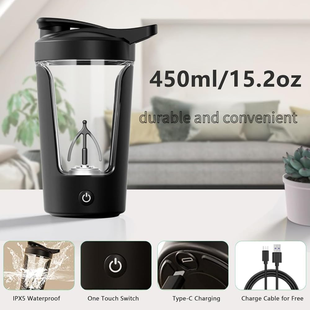 Electric Protein Shaker Bottle-Usb-C Rechargeable Protein Shake Mixer Cup-450Ml Portable Bottle Shaker for Protein Shakes and Coffee (Black)